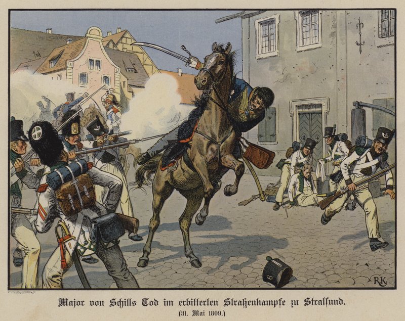 Von Schill őrnagy meghalt egy utcai csatában Stralsundban, 1809. május 31-én (színes litó) alkotó: Richard Knotel