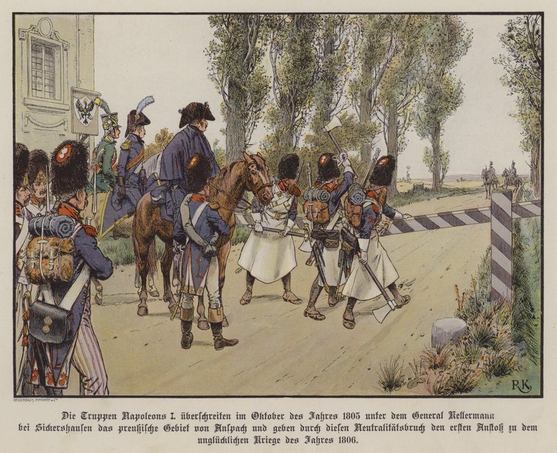 A Kellermann tábornok parancsnoksága alatt álló francia csapatok Sickershausenben lépik át a határt Porosz területre, 1805. október (színes litho) alkotó: Richard Knotel