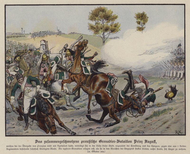 Augustus porosz herceg gránátos zászlóalja a prenzlaui csatában, 1806. október 28-án (színes fotó) alkotó: Richard Knotel
