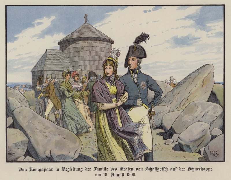 III. Frigyes Vilmos király és Lujza porosz királyné von Schaffgotsch gróf családja társaságában a Schneekoppén, 1800. augusztus (színes litó) alkotó: Richard Knotel