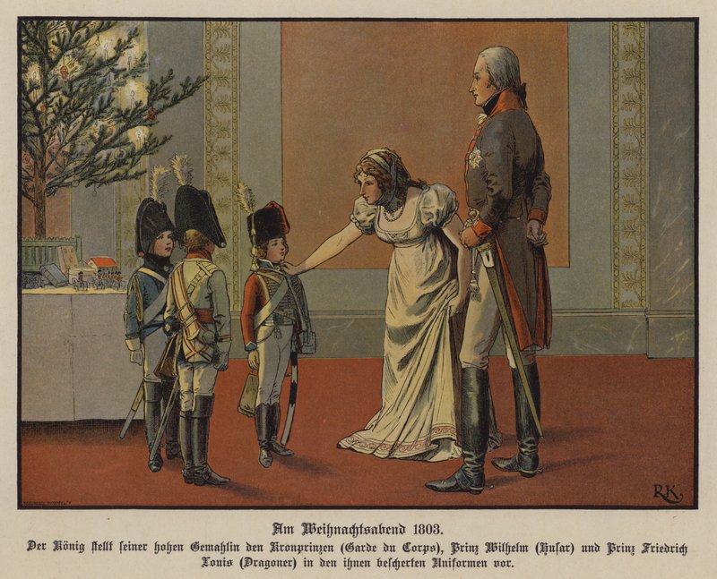III. Frigyes Vilmos király és Lujza porosz királyné Frigyes Vilmos koronaherceggel, Vilmos herceggel és Frigyes Lajos herceggel katonai egyenruhába öltözve, karácsony este alkotó: Richard Knotel