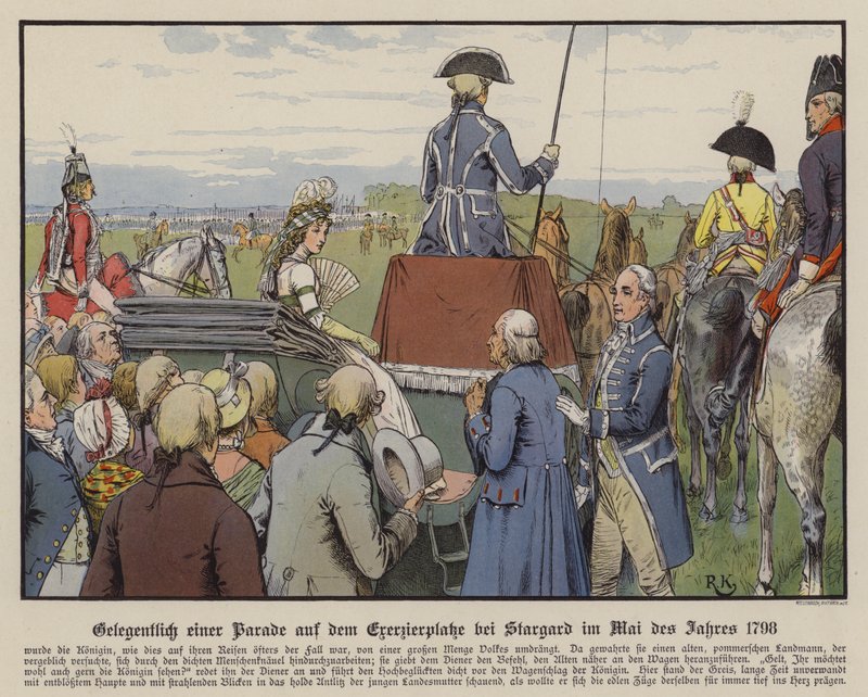 Louise porosz királynő a felvonuláson a Stargard-i felvonulási területen, 1798. május (színes litó) alkotó: Richard Knotel