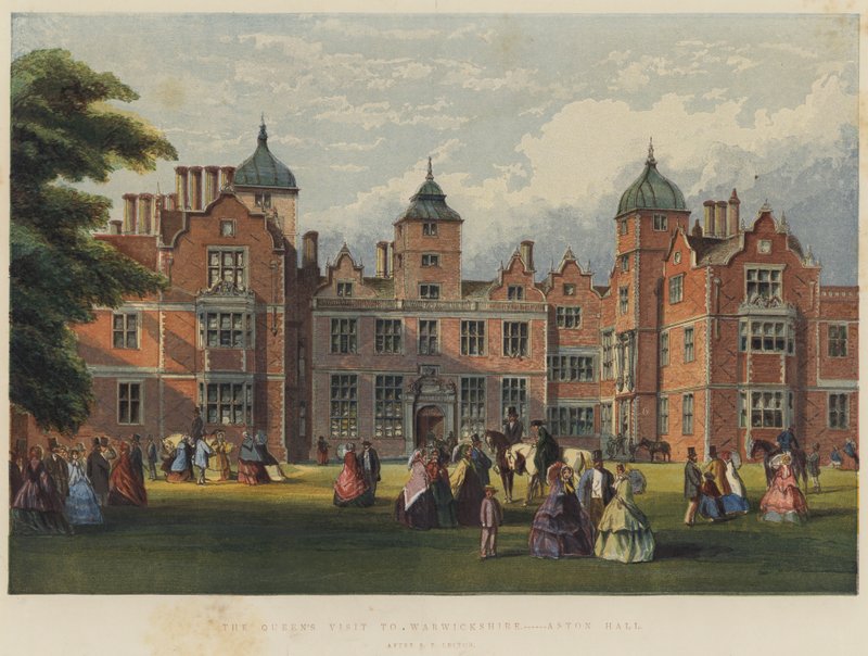 A királynő látogatása Warwickshire-ben, Aston Hall (chromolitho) alkotó: Richard Principal Leitch