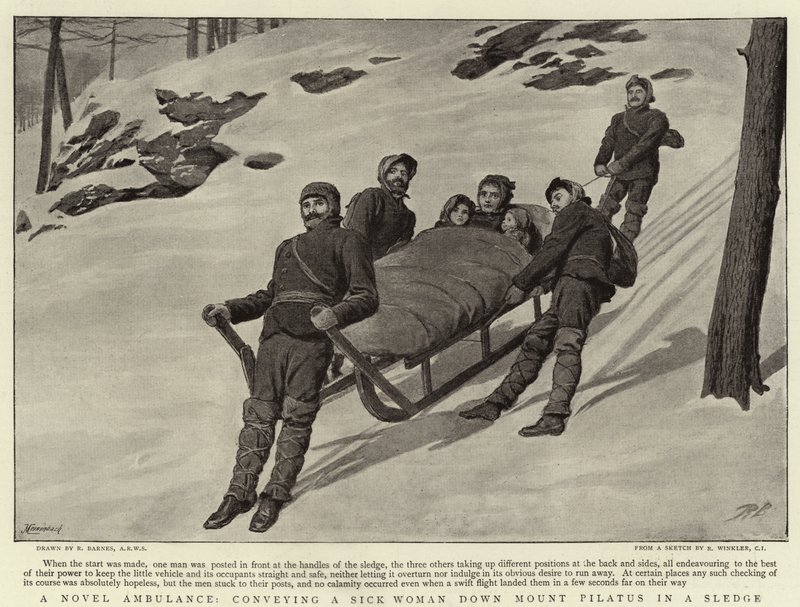 Egy újszerű mentőautó, amely egy beteg nőt szállít le a Pilatus-hegyről egy szánon alkotó: Robert Barnes