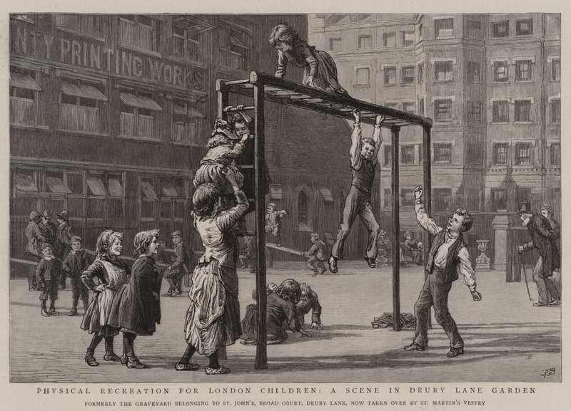Fizikai kikapcsolódás londoni gyerekeknek, jelenet a Drury Lane Gardenben alkotó: Robert Barnes