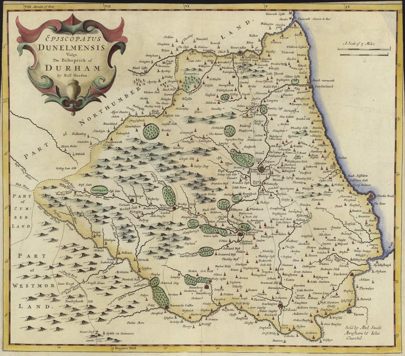 Durham térképe (színes gravírozás) alkotó: Robert Morden