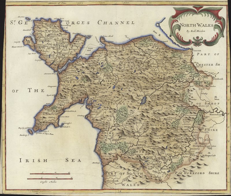 Észak-Wales térképe (színes gravírozás) alkotó: Robert Morden