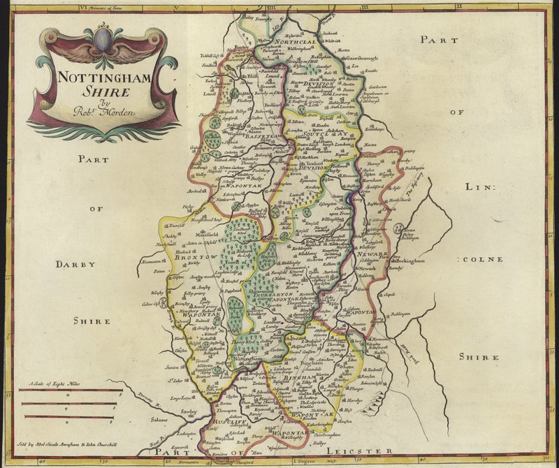 Nottinghamshire térképe (színes gravírozás) alkotó: Robert Morden