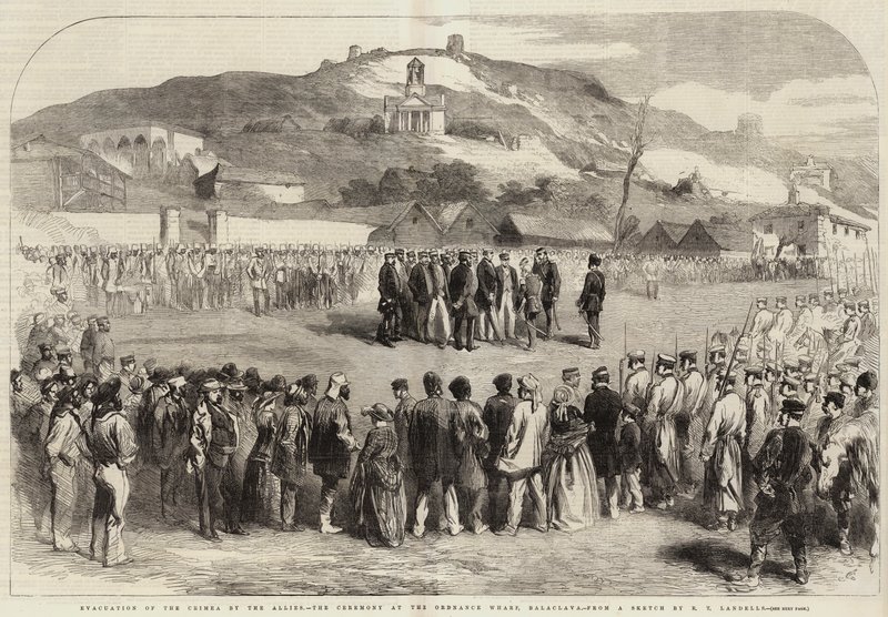 A Krím kiürítése a szövetségesek által, szertartás az Ordnance Wharfnál, Balaclava alkotó: Robert Thomas Landells