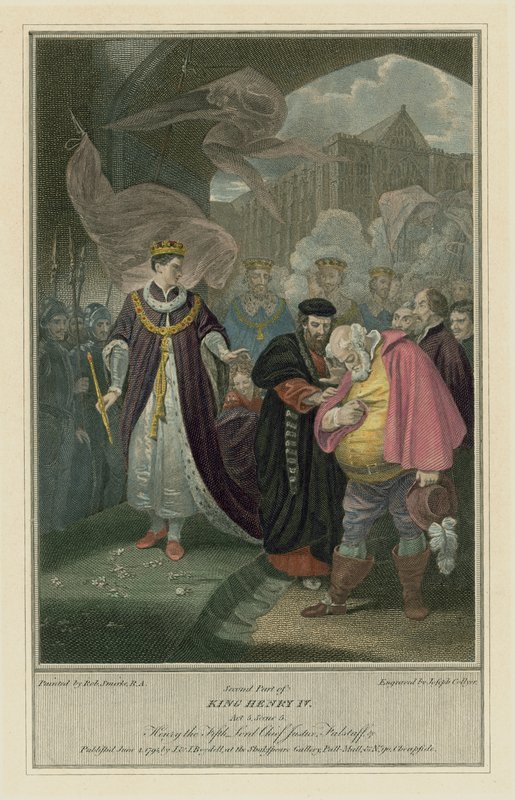 Shakespeare IV. Henrik királya, 2. rész, V. felvonás, 5. jelenet – Falstaff (színes metszet) alkotó: Robert (after) Smirke
