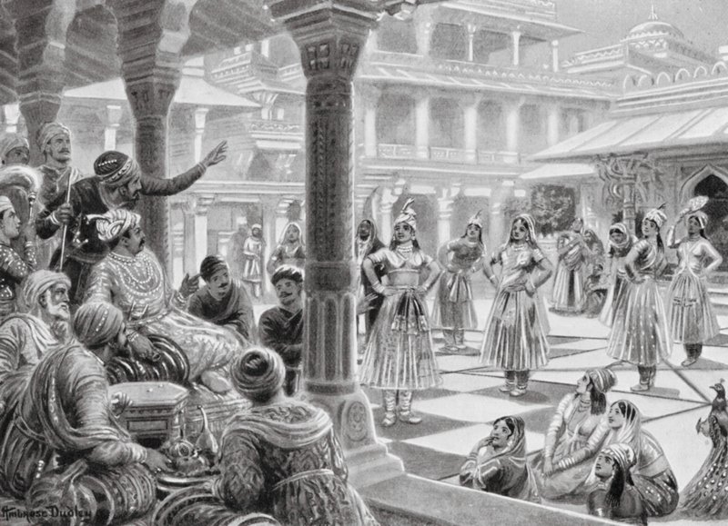 Akbar élő darabokkal dámázik Fatehpur Sikriben alkotó: Robert Ambrose Dudley