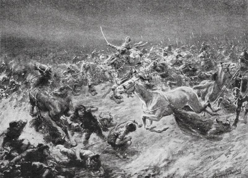 A fehér hunok legyőzése Anushirwan által Kr. u. 560-ban (litográfia) alkotó: Robert Ambrose Dudley
