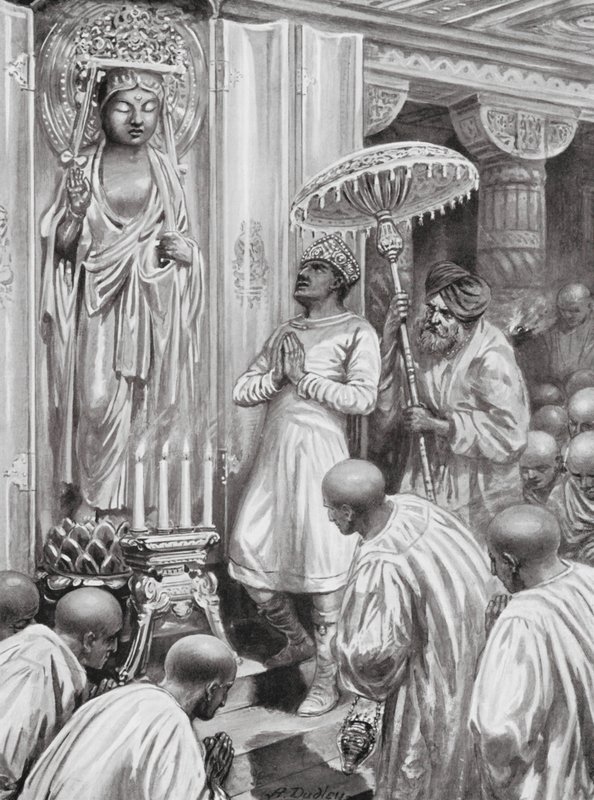 Kaniska beiktatja a mahájána (északi) buddhizmust, Kr. u. 100 (litográfia) alkotó: Robert Ambrose Dudley