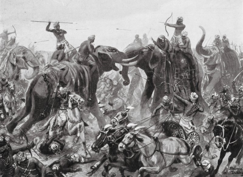 Pulikesin II Chalukhya legyőzése Mahamalla Pallava által Badamiban, Kr. u. 642 (litó) alkotó: Robert Ambrose Dudley