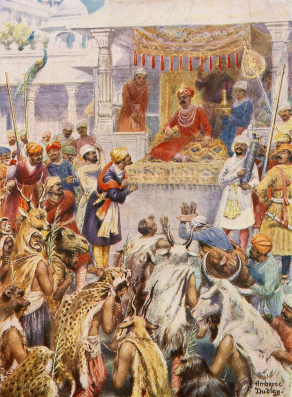 Dzsahán kán megmutatja Akbarnak hercegi foglyait (színes litográfia) alkotó: Robert Ambrose Dudley