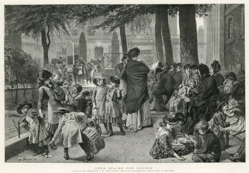 Jelenet a Szent János-templom templomkertjében, Waterloo Road (metszet) alkotó: Robert Barnes