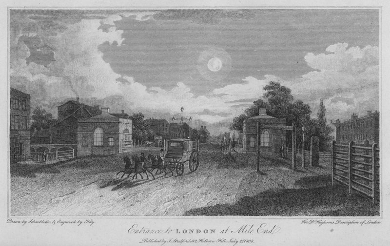 London bejárata a Mile Endnél (metszet) alkotó: Robert Blemell (after) Schnebbelie