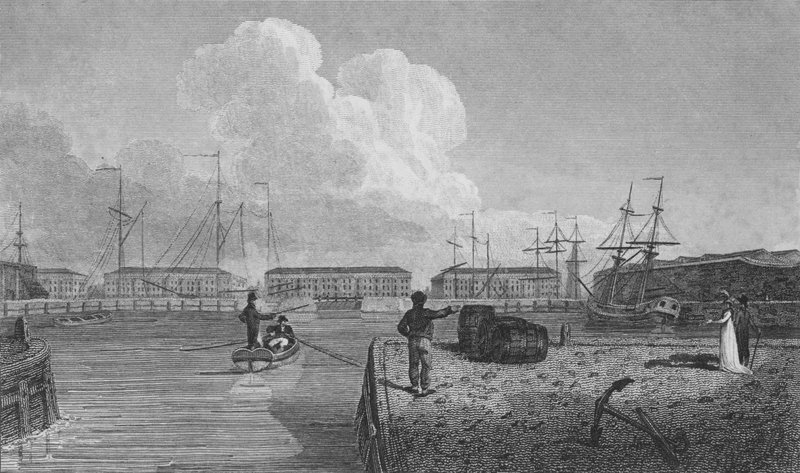 London Docks, Wapping (gravírozás) alkotó: Robert Blemell (after) Schnebbelie