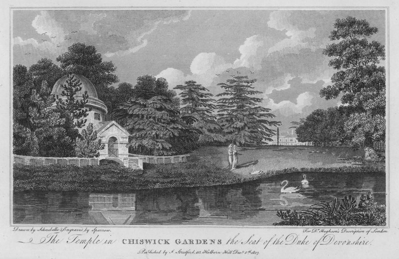 A Chiswick Gardens-i templom Devonshire hercegének székhelye (metszet) alkotó: Robert Blemell (after) Schnebbelie