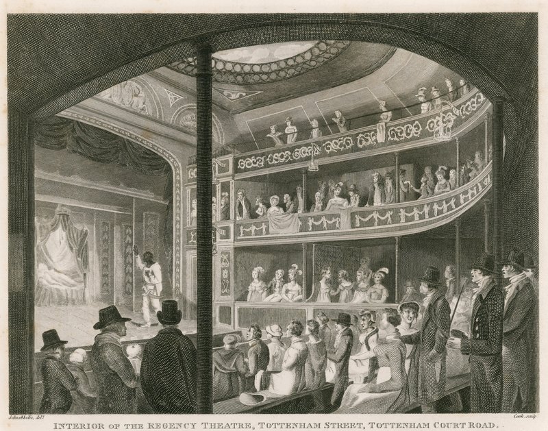 A Regency Theatre belseje, Tottenham Street, Tottenham Court Road, London alkotó: Robert Blemell Schnebbelie