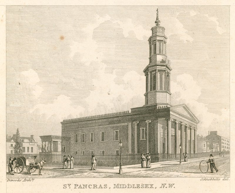 St Pancras Church, London, Middlesex; északnyugati nézet alkotó: Robert Blemell Schnebbelie