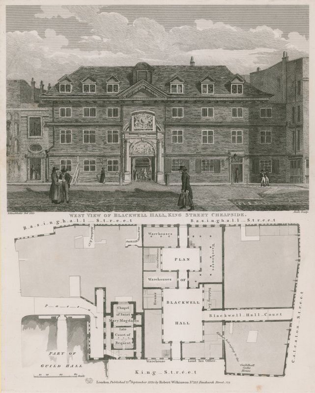 Nyugati nézet a Blackwell Hall, King Street, Cheapside alkotó: Robert Blemell Schnebbelie