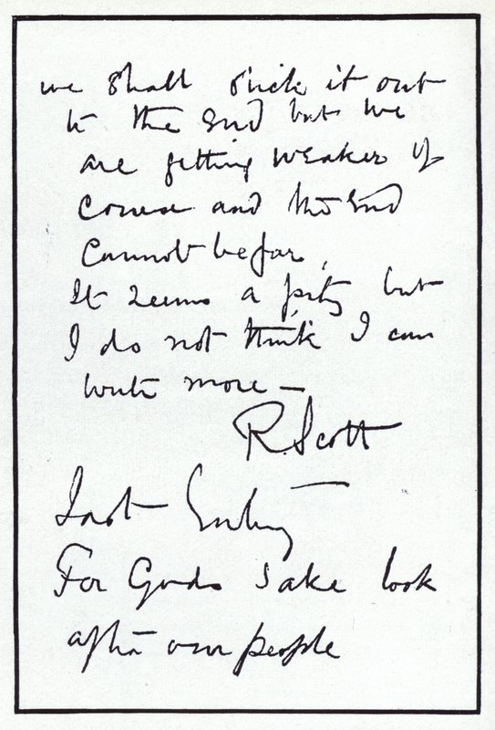 Robert Falcon Scott sarkkutató, a Déli-sarkra tartó balszerencsés brit expedíció vezetője naplójának utolsó oldala, 1912. március 29. (litho) alkotó: Robert Falcon Scott