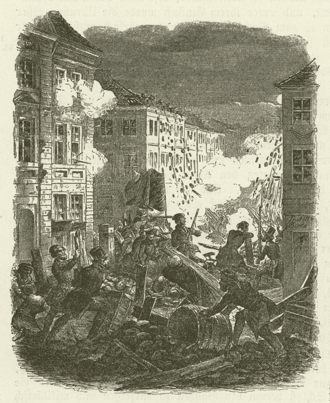 Harc a berlini Kolln városháza előtti barikádnál 1848. március 18-ról 19-re virradó éjszaka alkotó: Robert Kretschmer