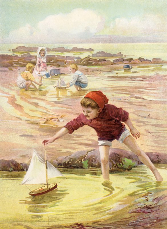 Új csónakja - fiú, aki játékhajóval játszik a tengerparton (színes litho) alkotó: Robert Lillie
