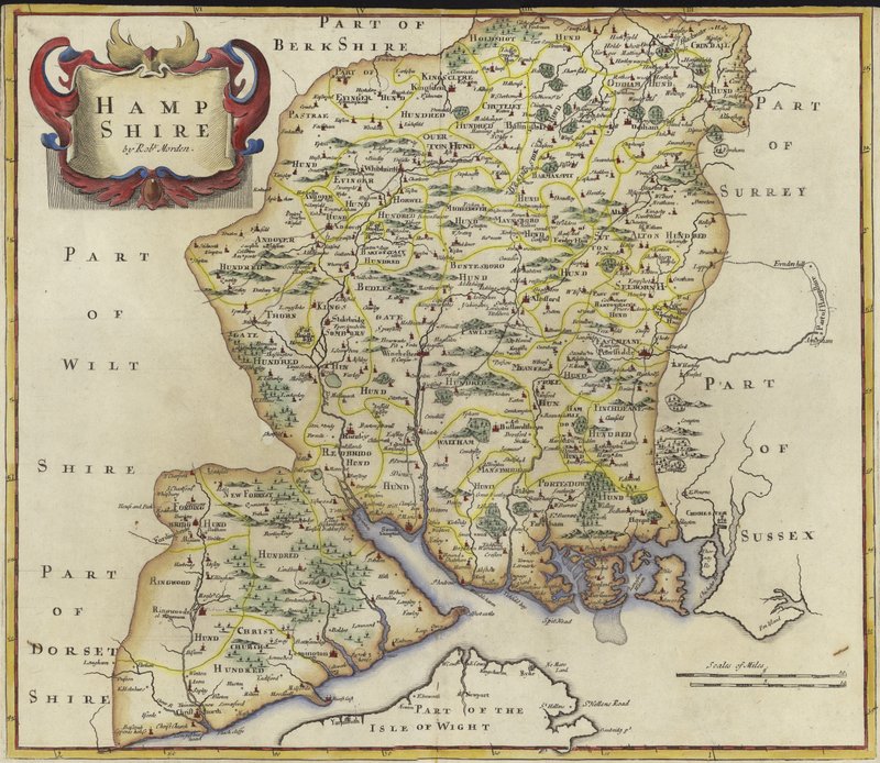 Hampshire térképe (színes gravírozás) alkotó: Robert Morden
