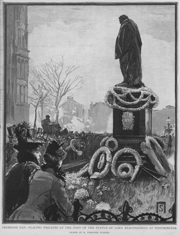 Koszorúk elhelyezése Benjamin Disraeli angol államférfi szobrának lábánál Primrose napján, halálának évfordulóján, Westminster, London alkotó: Robert Ponsonby (after) Staples