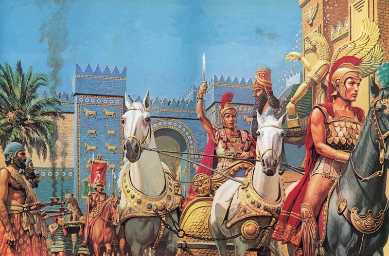 Nagy Sándor, szekerén, amint diadalmasan lovagol Babilonba (színes litográfia) alkotó: Roger Payne