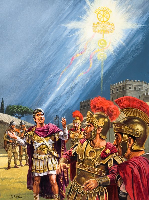 Konstantin látomása a keresztény keresztről a milviai hídnál vívott csata előtt (gouache, papír) alkotó: Roger Payne