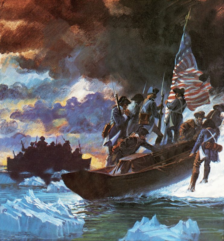 George Washington és emberei átkelnek a félig befagyott Delaware folyón. alkotó: Roger Payne