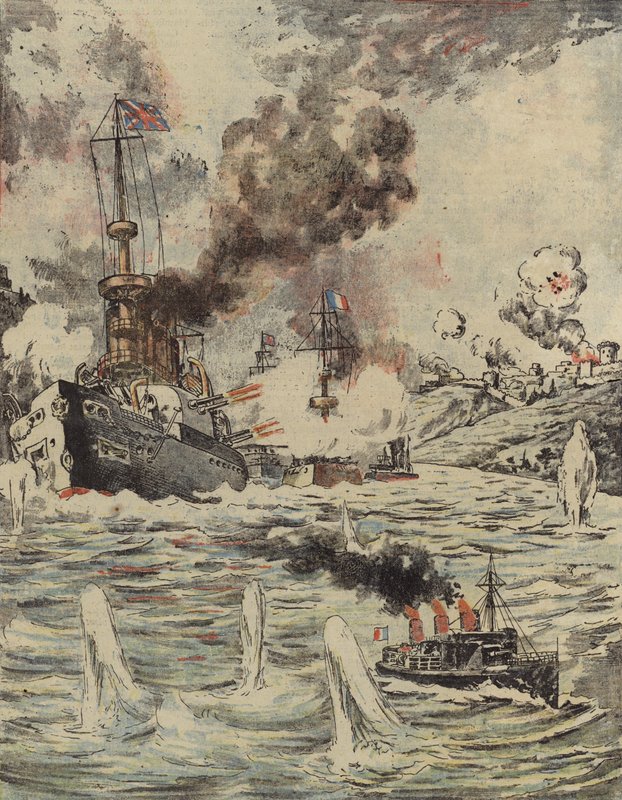 Brit és francia hadihajók bombázzák a török állásokat a Dardanellákon, 1915 alkotó: Romanian School