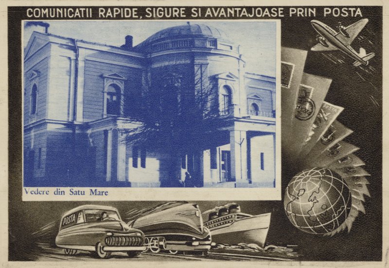 A postai szolgáltatást népszerűsítő román képeslap alkotó: Romanian School