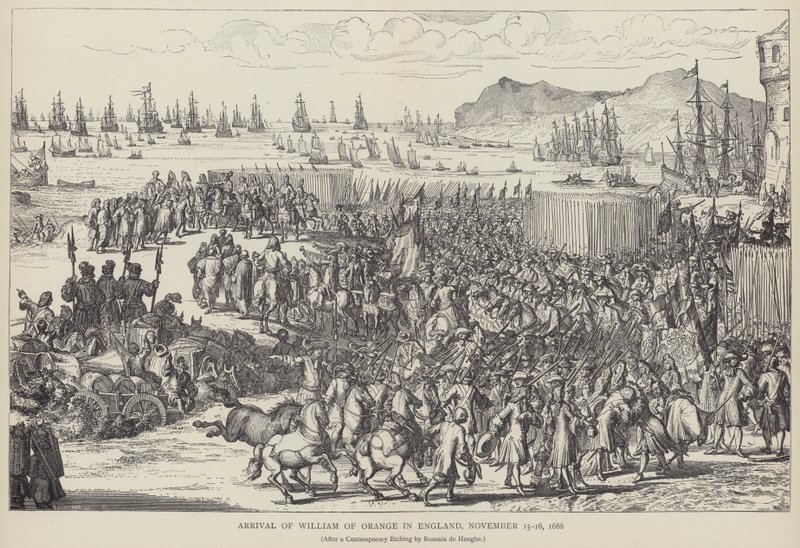 Orániai Vilmos megérkezése Angliába, 1688. november (litho) alkotó: Romeyn de (after) Hooghe