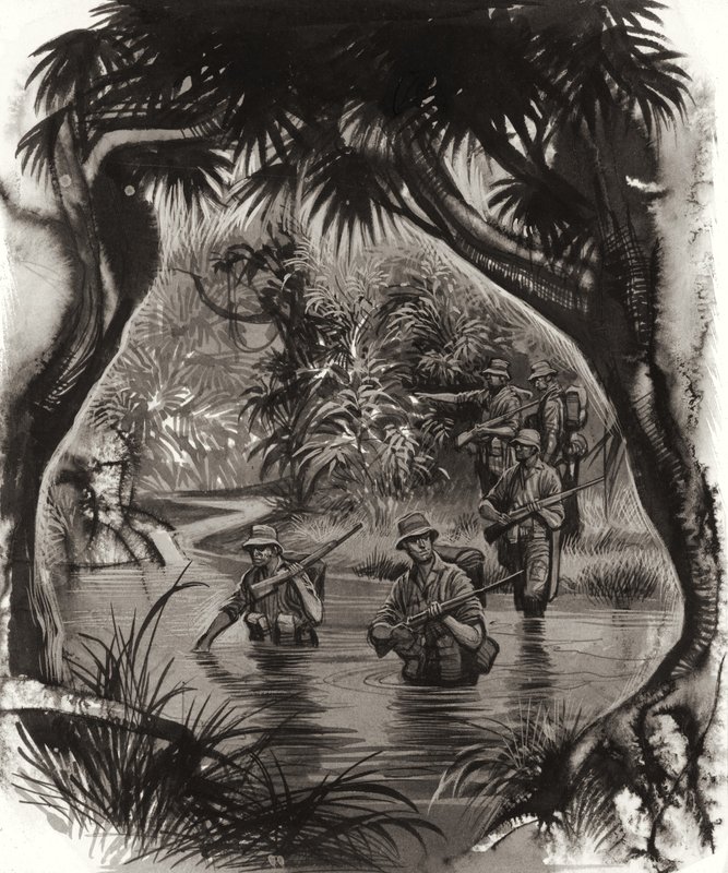 ANZAC csapatok átkelése egy dzsungelfolyón egy második világháborús őrjárat során (gouache, papír) alkotó: Ron Embleton