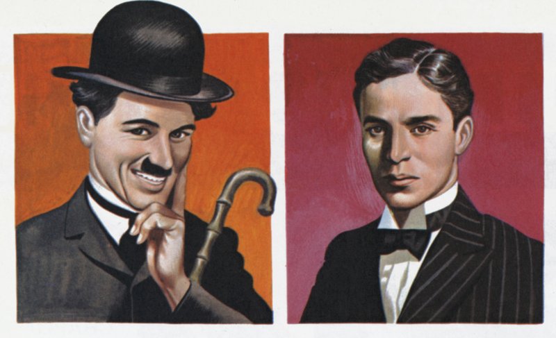 Charlie Chaplin, jelmezben, és ahogyan valójában volt (színes litográfia) alkotó: Ron Embleton