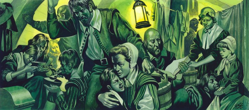 Zsúfolt körülmények a Mayfloweren (gouache, papír) alkotó: Ron Embleton
