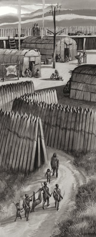 Megerősített huron falu (gouache, papír) alkotó: Ron Embleton
