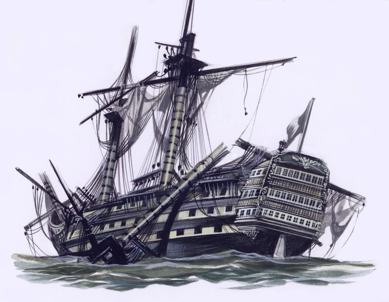 A HMS Victory a trafalgari csata után, szétlőtt árbocszárral (gouache, papír) alkotó: Ron Embleton