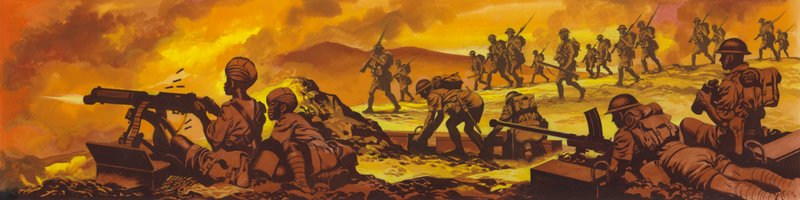 A kereni csata, A brit hadsereg indiai és szudáni csapatai győztek (gouache, papír) alkotó: Ron Embleton