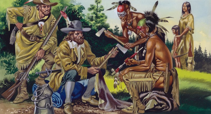 A franciák Kanadában, prémkereskedelem a bennszülött indiánokkal (gouache, papír) alkotó: Ron Embleton