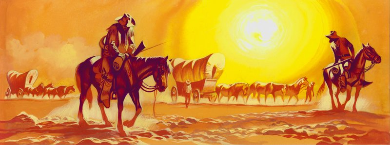 Szekérút a rekkenő hőségben (gouache, papír) alkotó: Ron Embleton