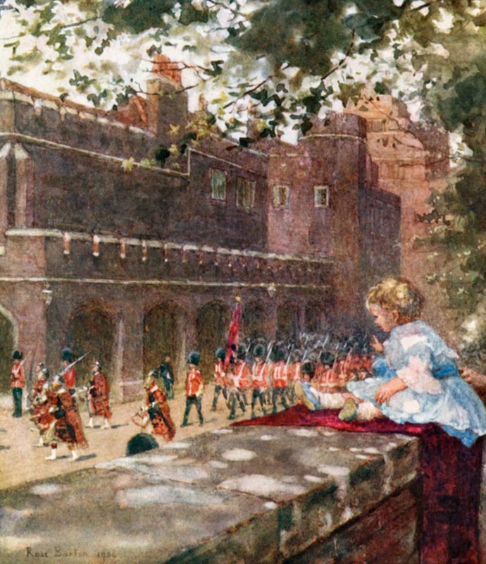 HRH György walesi herceg nézi a skót gárdát a Marlborough House-ból alkotó: Rose Maynard Barton