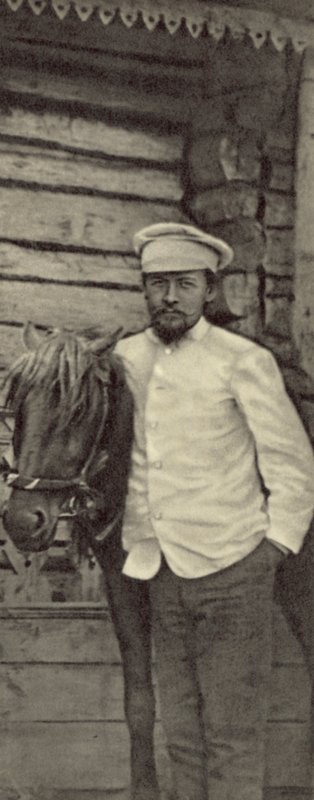 Anton Csehov az oroszországi melikhovoi birtokán, 1898. június (f/w fotó) alkotó: Russian Photographer