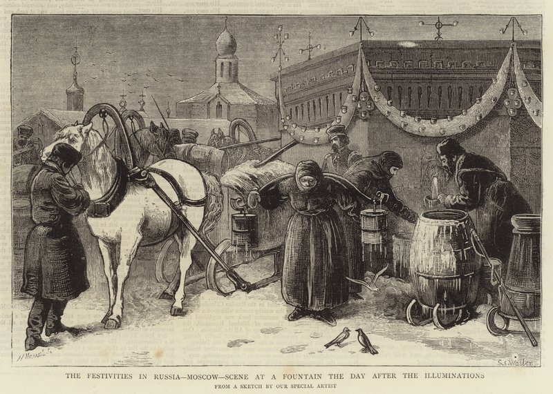 Ünnepségek Oroszországban, Moszkvában, Jelenet egy szökőkútnál a megvilágítások utáni napon alkotó: Samuel Edmund Waller