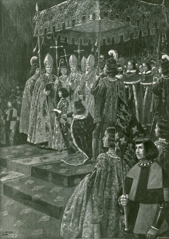 A sarkantyú és a kard átadása VI. Henrik koronázásakor (litográfia) alkotó: Samuel (after) Begg