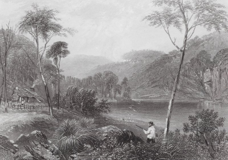 Ausztrália: Fairlight Glen, a Warragamba folyón (metszet) alkotó: Samuel (after) Prout
